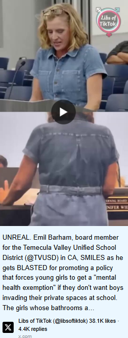 Screenshot of the Libs of TikTok post about Emil Barham and the locker room policy