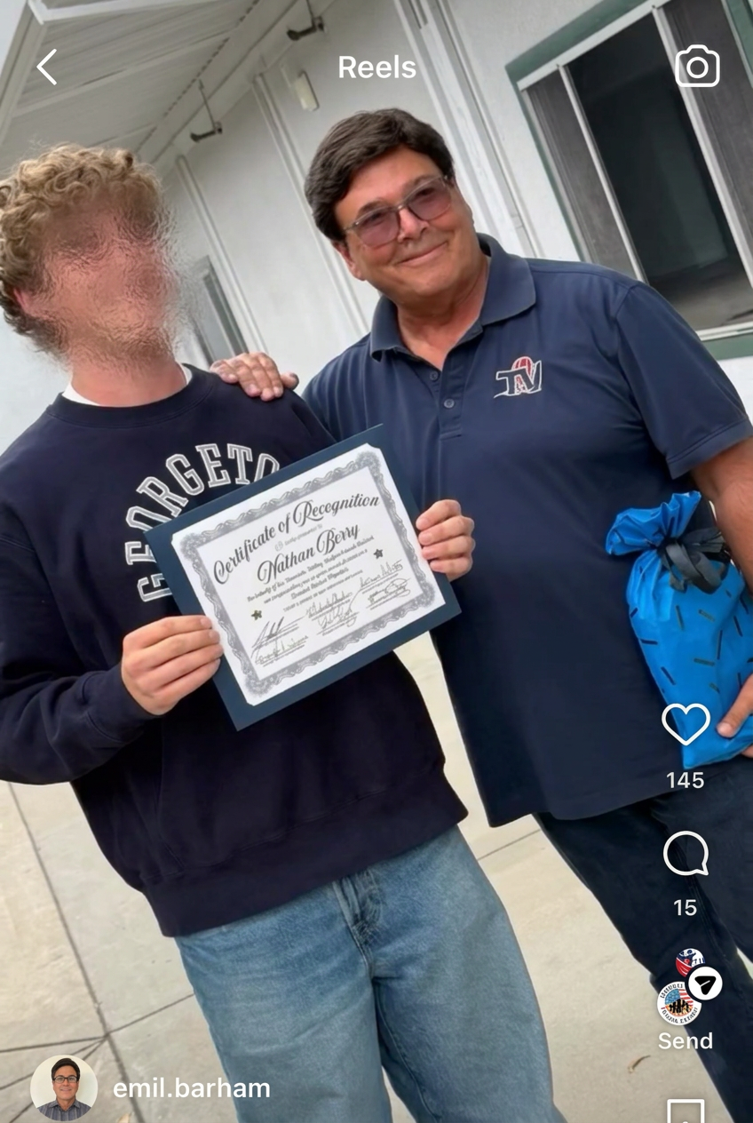 Instagram screenshot showing Emil Barham beside a student whose face has been blurred